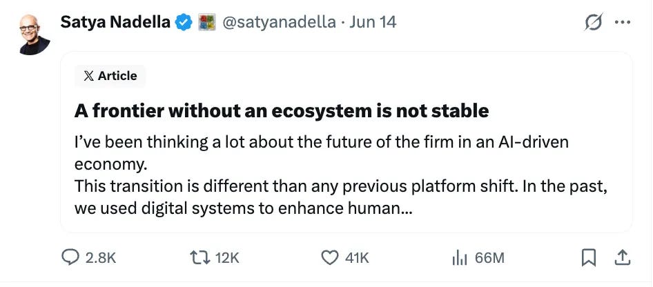 Satya Nadella X post about moving off frontier models with 66 million views Satya Nadella X post about moving off frontier models with 66 million views