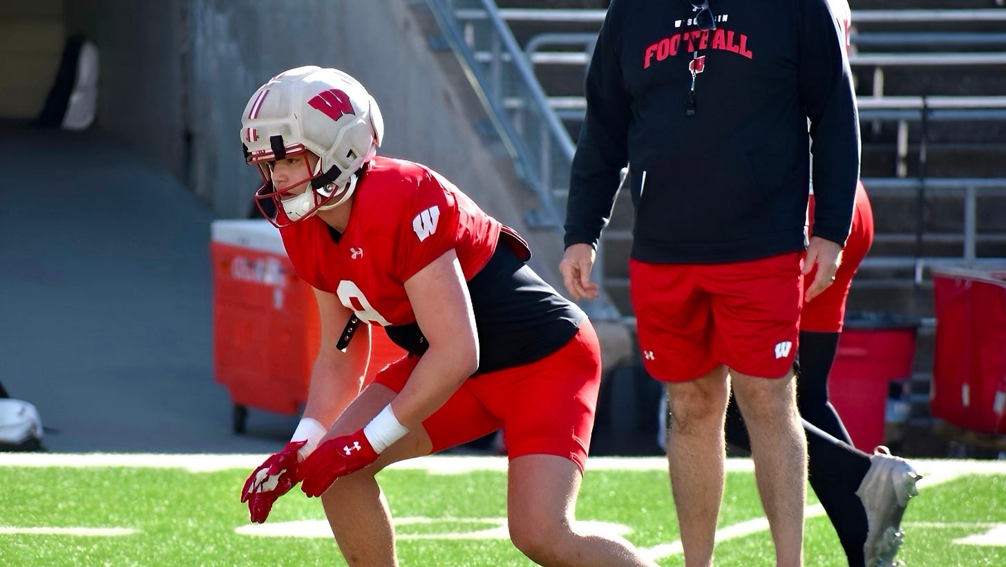 Wisconsin Badgers linebacker Mason Posa lines up during a drill at spring practice. Photo credit: Christian Borman, TheBadgerBacker.