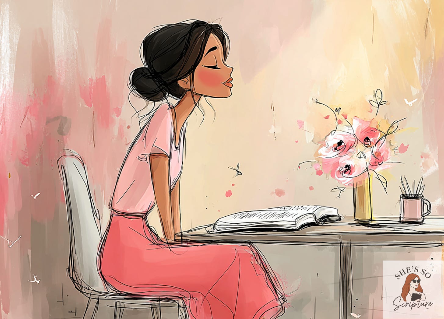 illustration of a woman sitting at a table with a Bible open in front of her, eyes closed to represent God is near