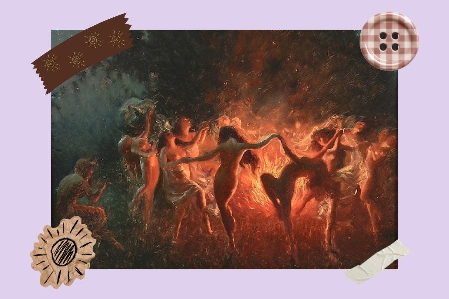 Oil painting of women in states of undress dancing around a bonfire whilst Pan plays his flute Oil painting of women in states of undress dancing around a bonfire whilst Pan plays his flute