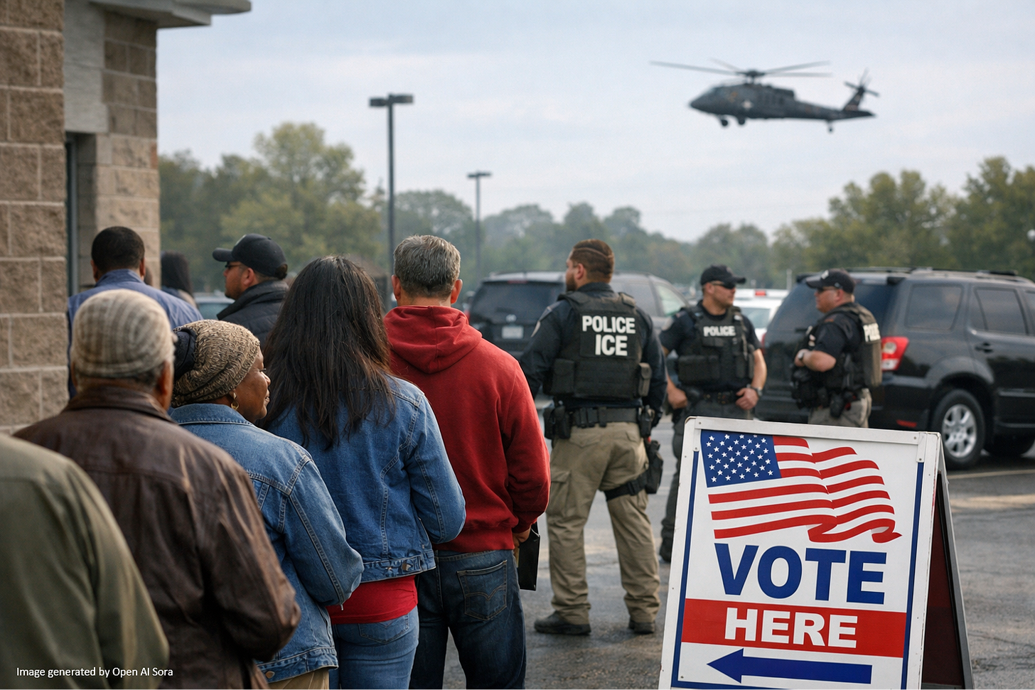 Picture of voters, mostly minorities, lining up to vote. ICE agents mingle in the parking lot as a military helicopter hovers above.