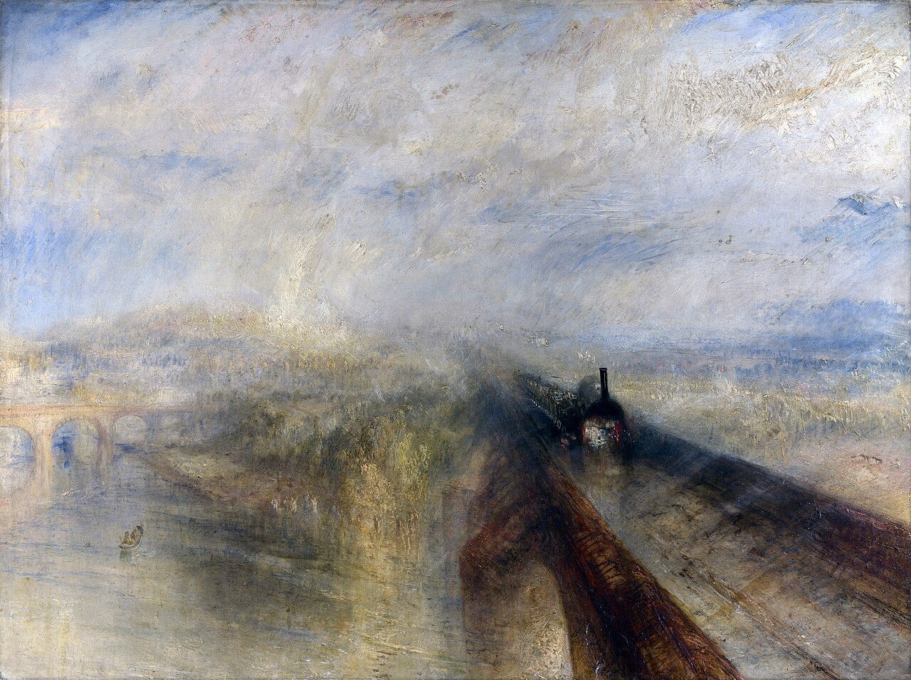 A steam train crossing a bridge in a golden storm of rain A steam train crossing a bridge in a golden storm of rain