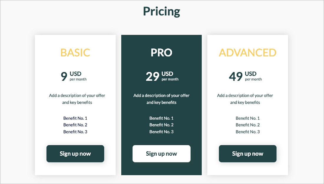 SaaS pricing table with three plans: Basic at $9/month, Pro at $29/month, and Advanced at $49/month, each showing benefits and a “Sign up now” CTA. SaaS pricing table with three plans: Basic at $9/month, Pro at $29/month, and Advanced at $49/month, each showing benefits and a “Sign up now” CTA.