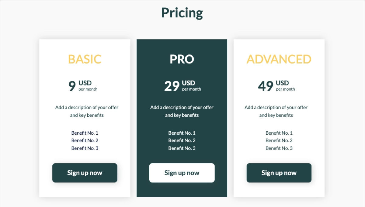 SaaS pricing table with three plans: Basic at $9/month, Pro at $29/month, and Advanced at $49/month, each showing benefits and a “Sign up now” CTA.