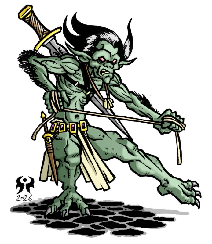 Scooby Dooesque undead, Spear wielding elf, germanic warrior, strangler goblin