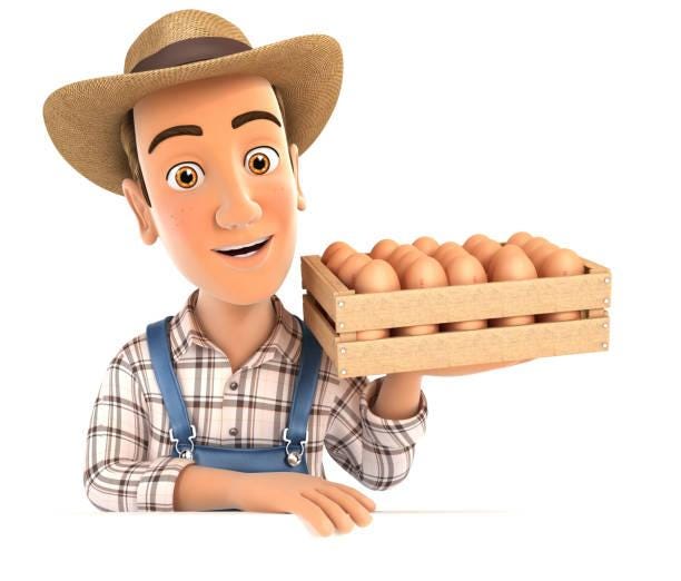 A cartoon character holding a crate of eggs

Description automatically generated