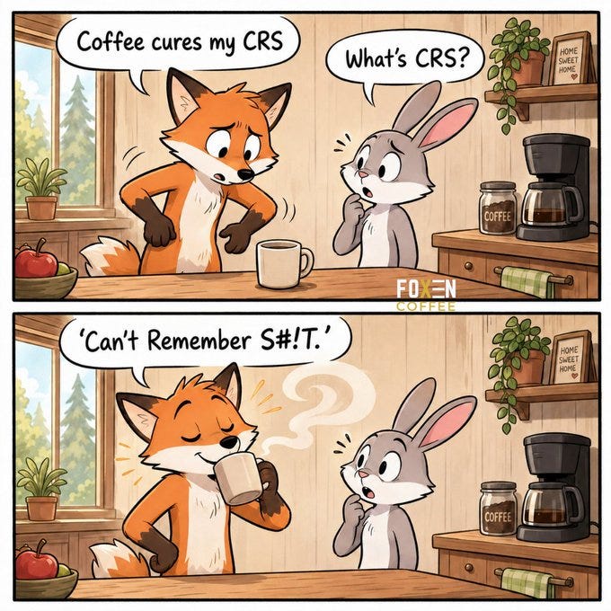 Foxen Coffee Comics, "Coffee brain. 🦊☕️"