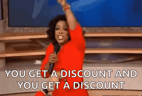 a woman in a red dress is holding a microphone and saying you get a discount and you get a discount