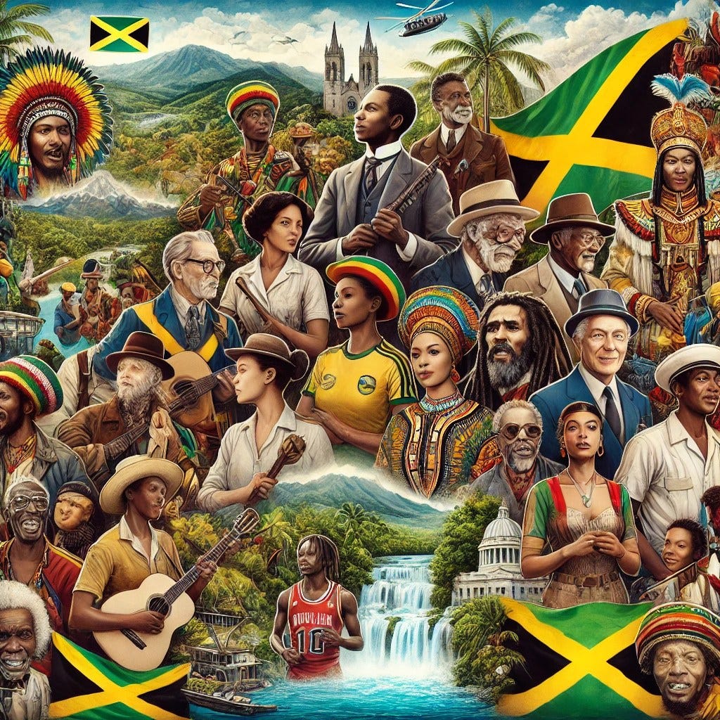 the illustration montage representing the diverse people, culture, and historical figures of Jamaica, showcasing the vibrancy and unity of its motto, "Out of Many, One People.