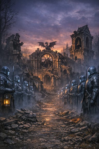 Ruins of Argynvostholt with spectral undead knights lining the road Ruins of Argynvostholt with spectral undead knights lining the road