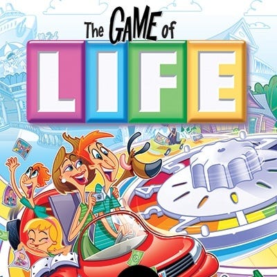 Cover for the Game of Life in Nintendo Wii. In the bottom left foreground, a red car with a white family. Behind them is an oversized (to family scale) of the board. the iconic spinning wheel balances the red car on the right. Cover for the Game of Life in Nintendo Wii. In the bottom left foreground, a red car with a white family. Behind them is an oversized (to family scale) of the board. the iconic spinning wheel balances the red car on the right.