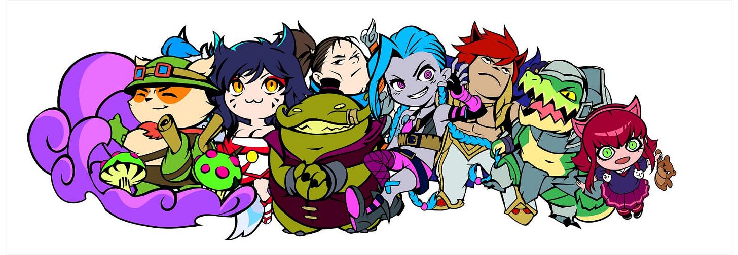 Doodle Buds Shorty, League of Legends variant, illustrated with Ahri alongside Teemo, Ekko, Yuumi, Jinx, Renekton, and Rammus