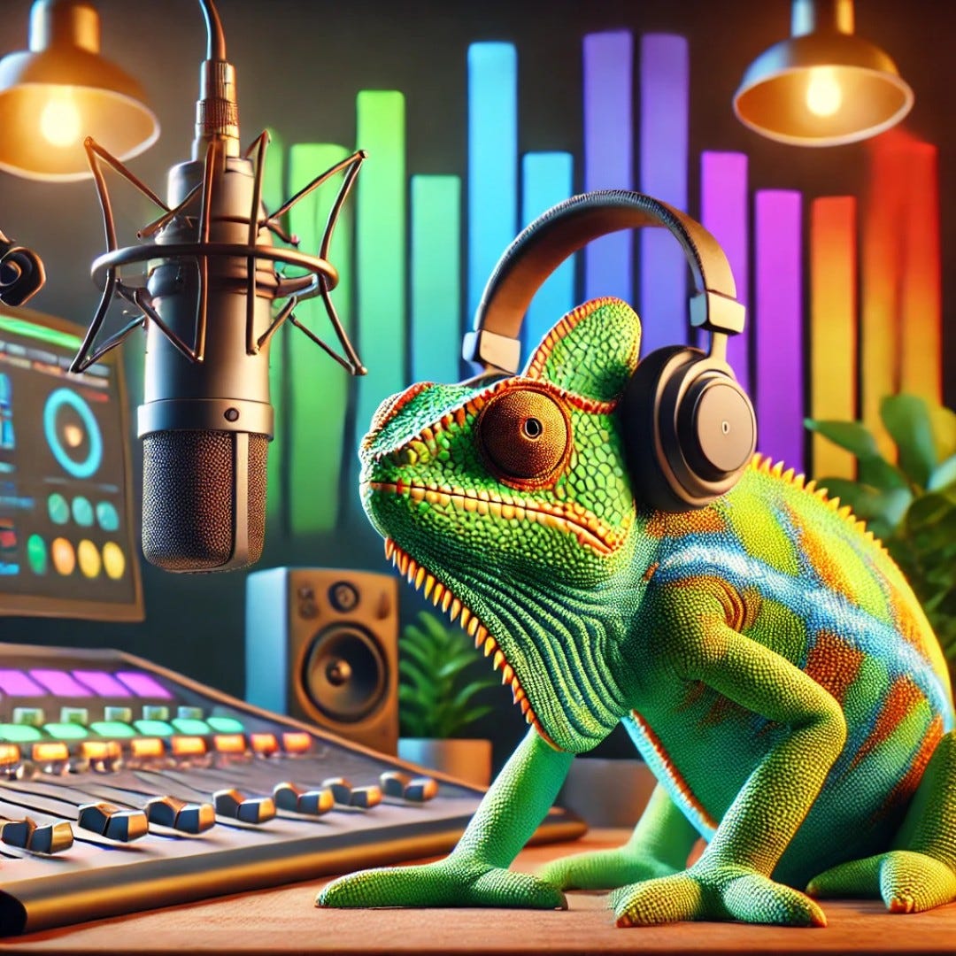 A realistic chameleon hosting a podcast in a modern studio, with headphones on and speaking into a high-quality microphone. The Social Chameleon Show Podcast