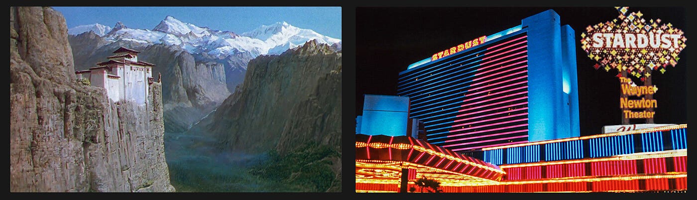 Side-by-side images of the mountaintop convent from Black Narcissus and the neon-lit Stardust casino from Showgirls, both perched as precarious shrines to power. Side-by-side images of the mountaintop convent from Black Narcissus and the neon-lit Stardust casino from Showgirls, both perched as precarious shrines to power.