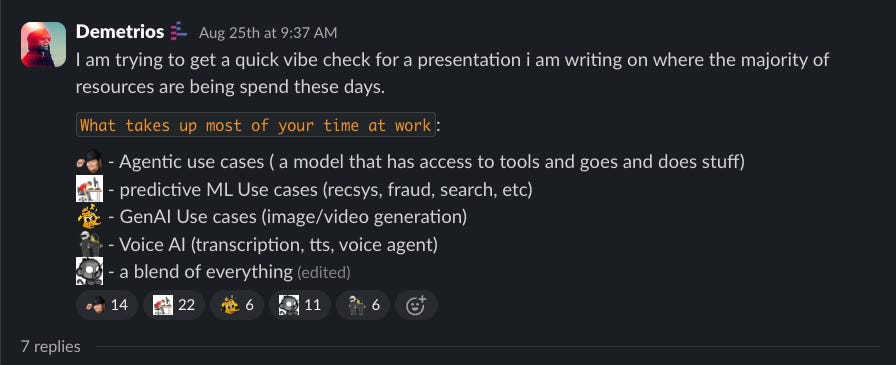 For a talk, Demetrios ran a quick vibe check on where AI devs, engs, and teams are investing effort in 2025.