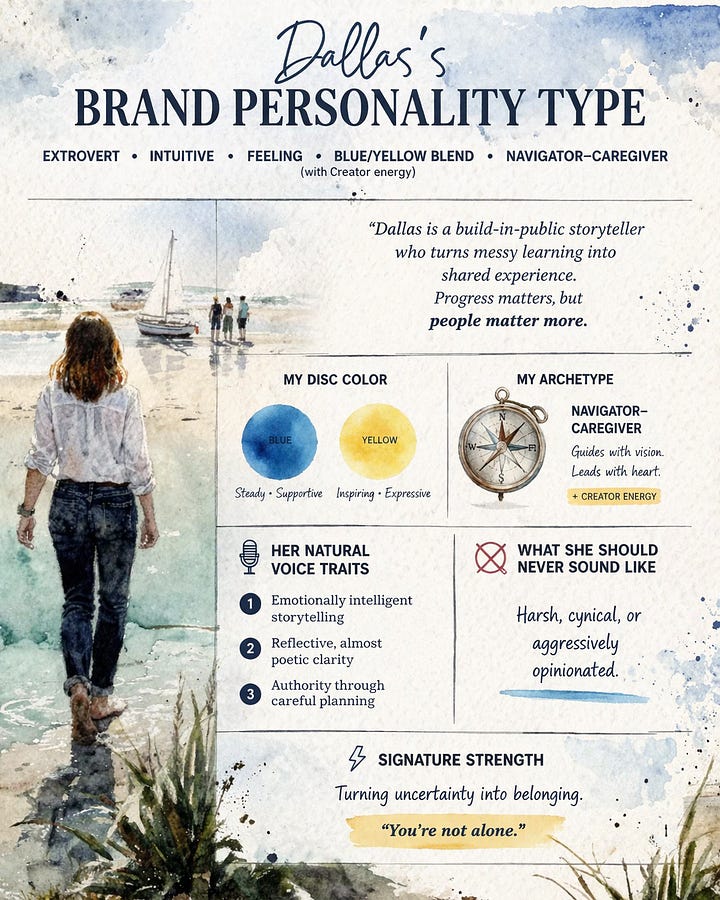 Four Substack writers' brand personality type cards generated from their writing style