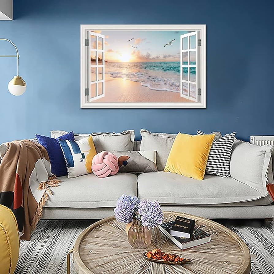 JNMD Art Beach Wall Art Picture for Living Room - Window Frame Style Canvas Wall Decor Ocean Sunset - Blue Sea and White Sand Painting On Canvas for