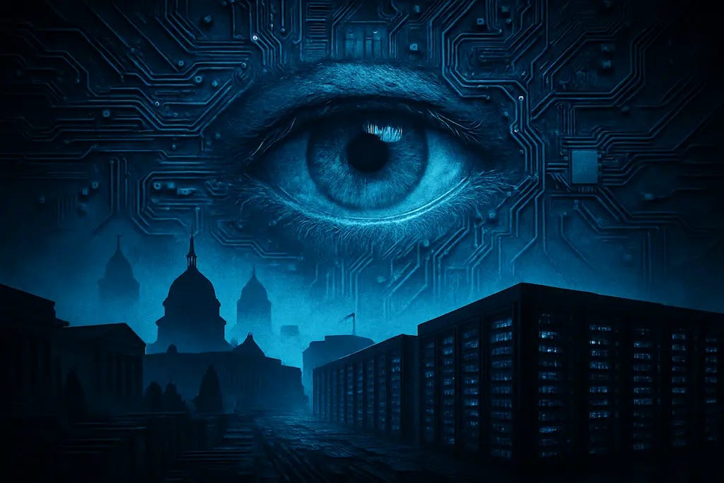 Prédiosde governo e datacenters obscuros, abaixo de um enorme olho encrustado em circuitos eletrônicos.