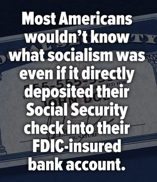 May be an image of text that says 'Most Americans wouldn' t know what socialism was even if it directly deposited their Social Security check into their FDIC DIC-insured bank account.'