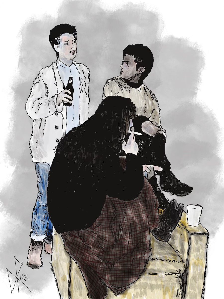 Three friends in conversation at a party. Sketch art by Don Rice. Three friends in conversation at a party. Sketch art by Don Rice.