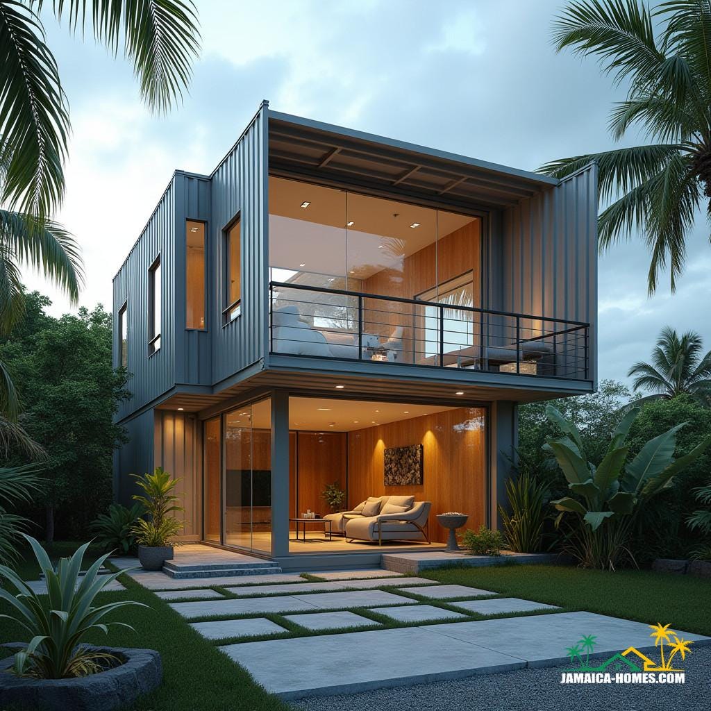 A two-story container module home, nestled in the vibrant city of Kingston, Jamaica, exudes minimalist luxury with an open, airy design. The ground floor's expansive living area, with floor-to-ceiling glass panels, invites an abundance of natural light, while the upper floor's protruding windows, featuring geometric shapes, and wrap-around balcony, offer breathtaking views of the lush surroundings. The façade's dynamic interplay of glass and textured metal adds a touch of chic, contemporary sophistication. In the style of architects like Olson Kundig, with their emphasis on modern, eco-friendly design, and the photographic sensibilities of Andreas Gursky, capturing the essence of contemporary life