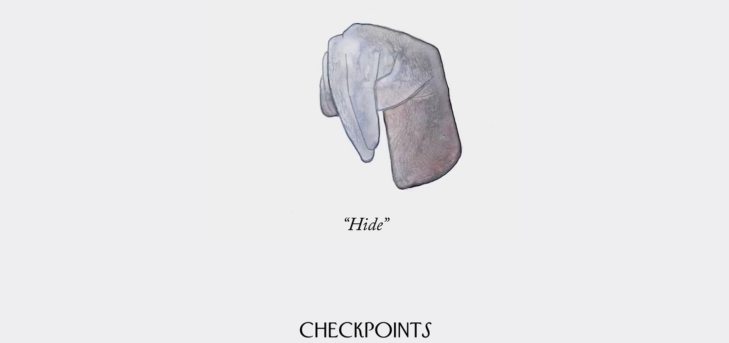 An illustrated hand in a gesture with the index and middle fingers pointing downward. The words Hide and Checkpoint are below.