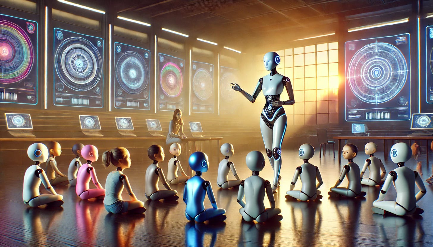 A futuristic AI teacher interacting with a group of smaller student AIs in a cinematic setting. The teacher AI has a sleek, humanoid design with glowing accents, displaying a calm and wise demeanor. The smaller student AIs are diverse, with various shapes and colors, each designed uniquely to show individuality. The background is cinematic, featuring a grand, high-tech classroom with large windows showing a futuristic cityscape at sunset, casting a warm glow over the scene. Soft lighting adds a sense of depth and wonder to the environment.
