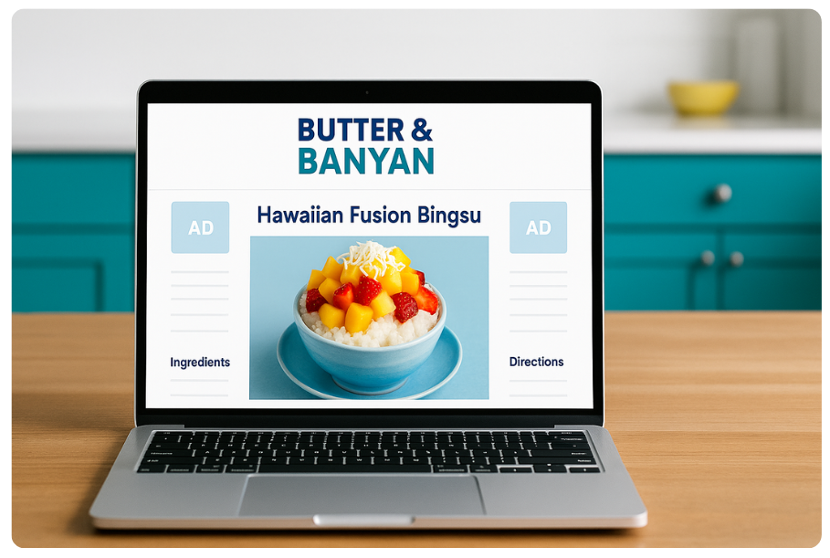 A laptop on a kitchen table shows the Butter & Banyan blog with a Hawaiian Fusion Bingsu recipe, featuring bright tropical fruit on shaved ice with ads on either side of the screen.