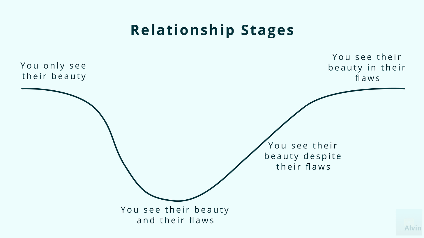 The progression of a relationship: First, you only see their beauty, then you see their beauty and their flaws, then you see their beauty despite their flaws, and finally, you see their beauty in their flaws.