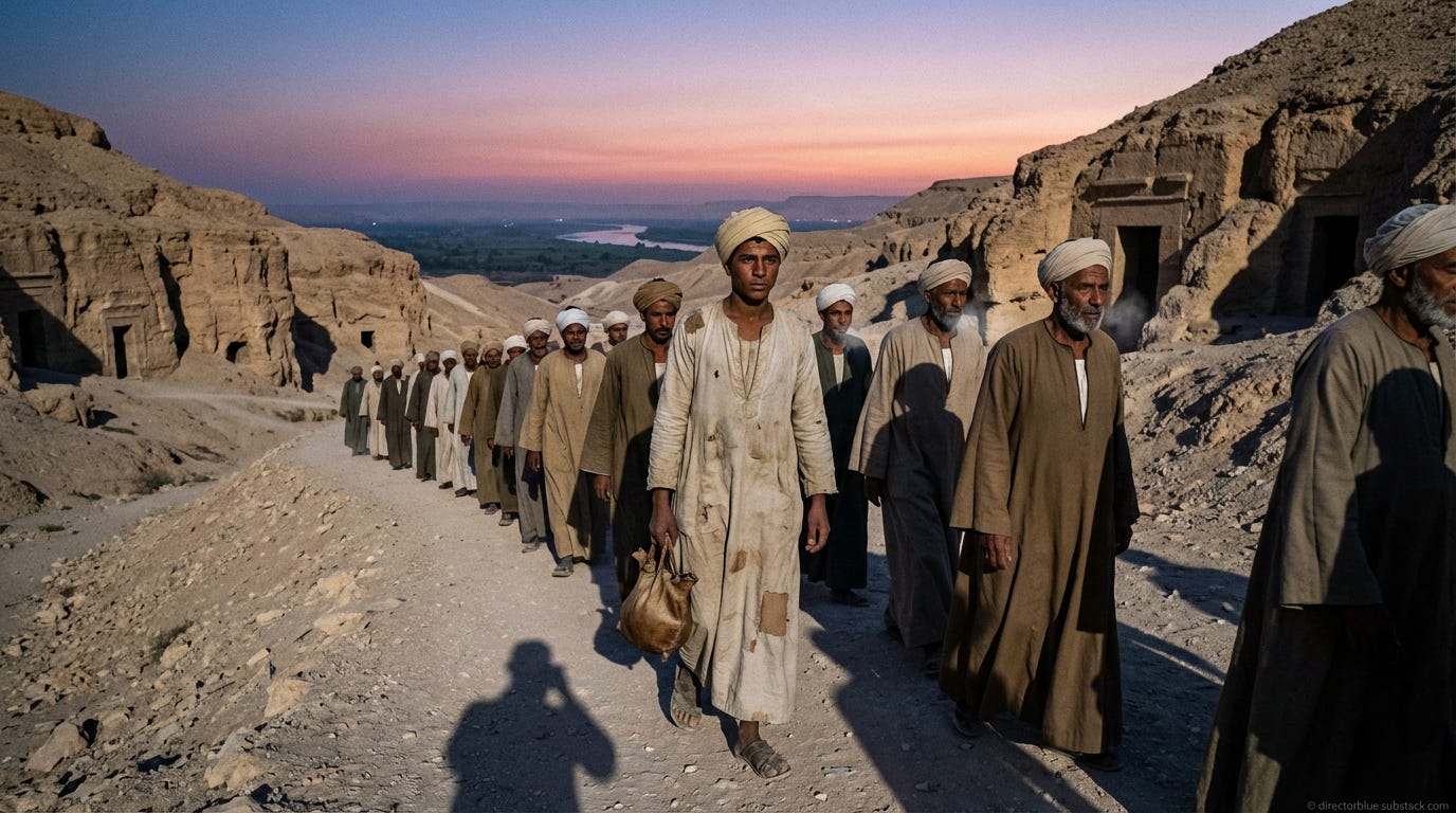 create image  A photorealistic wide-angle photograph in 169 format depicting a group of 12-15 Egyptian laborers walking single-file along a dusty limestone path in the Theban hills at dawn November 1922 The sky transitions from deep purple a_image_1