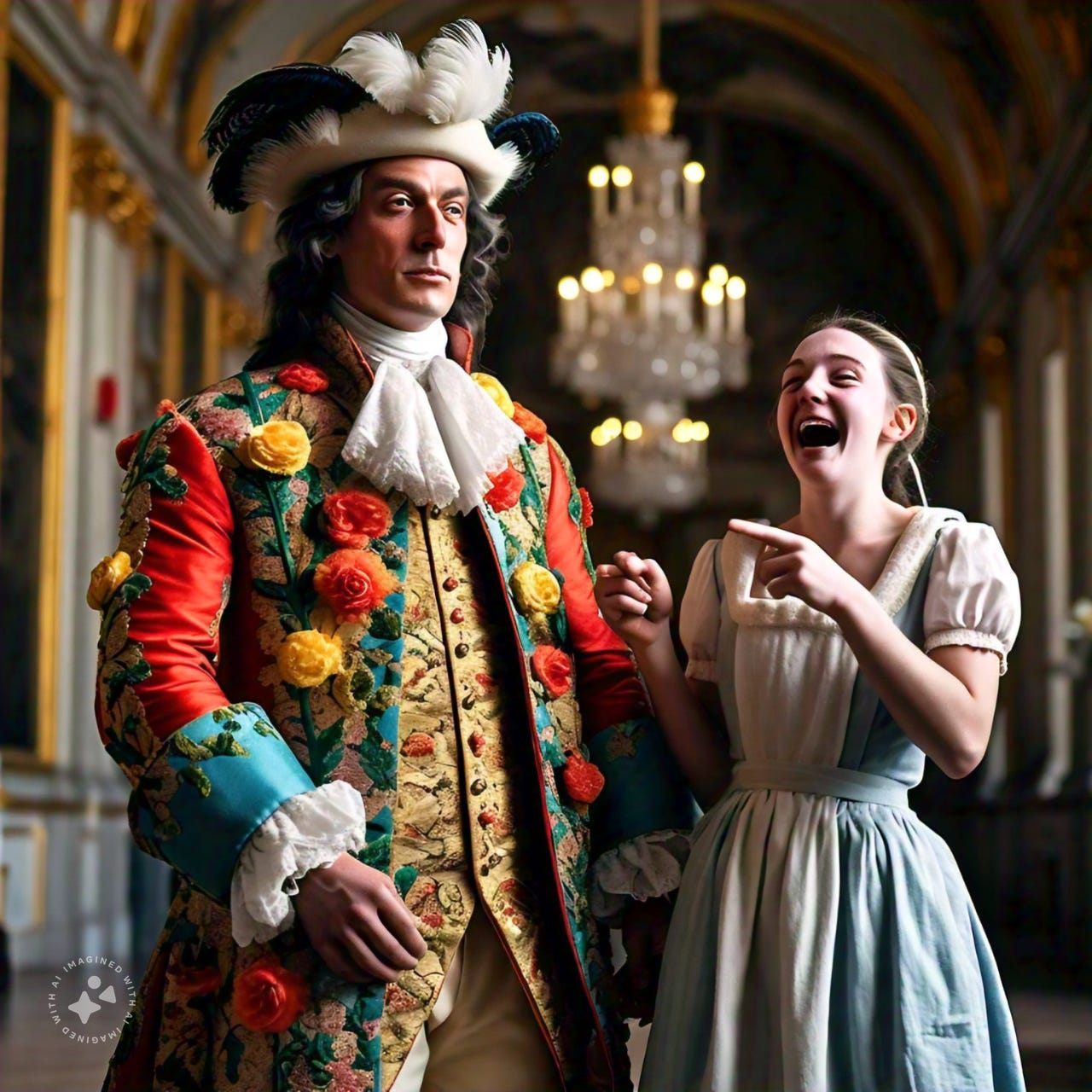 Servant girl laughing at Monsieur Jourdain's garrish new coat