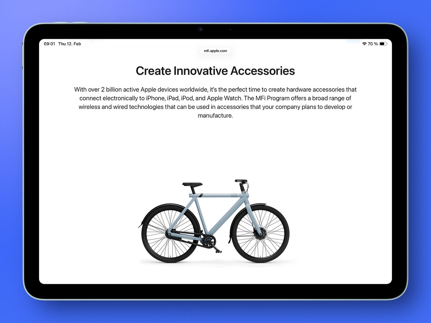 Apple MFi Program webpage showing “Create Innovative Accessories” for iPhone, iPad, Apple Watch and connected hardware devices.