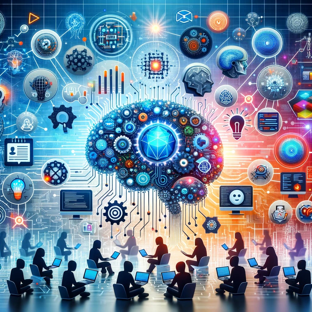 A digital collage representing the impact of AI innovation on startups. The background features a network of neural connections or digital nodes, symbolizing AI technology. In the foreground, there are various elements representing AI applications such as coding, data analytics, creative design, and voice recognition. Include silhouettes or abstract representations of people, symbolizing startup teams, interacting with these AI elements. The color scheme should be futuristic yet approachable, conveying sophistication and accessibility of AI technologies. The overall composition is dynamic and visually engaging, capturing the transformative power of AI in the startup ecosystem.