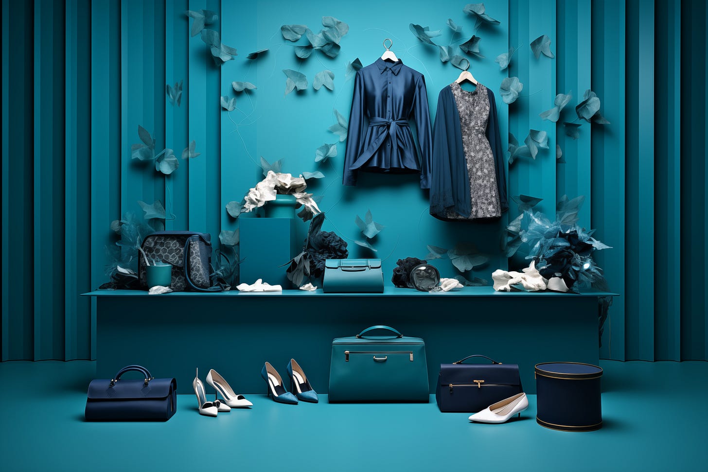 A blue-green scene that has women's clothing hanging on a wall purses and shoes are on a platform and on the floor in a stylish set as for a photo shoot