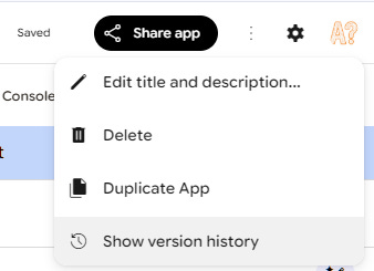 A dropdown menu under “Share app” in Google Opal showing options to edit the title and description, delete, duplicate the app, and show version history.