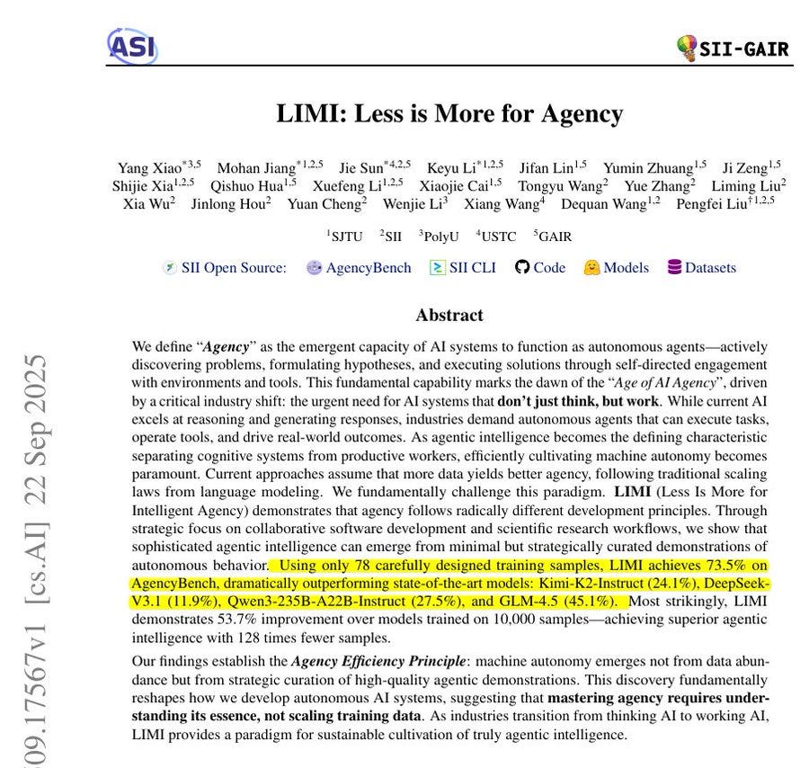 A logo with the text "ASI-SIG-AIR" at the top, featuring stylized letters. Below, the text "LIMI: Less is More for Agency" is displayed prominently. Additional text includes names like "Rohan Paul," "Kimi-K2-Instruct," "DeepSeek-V3.1," "Qwen3-235B-A22B-Instruct," and "GLM-4.5," along with terms like "AgencyBench" and "73.5%." A watermark from X is visible.