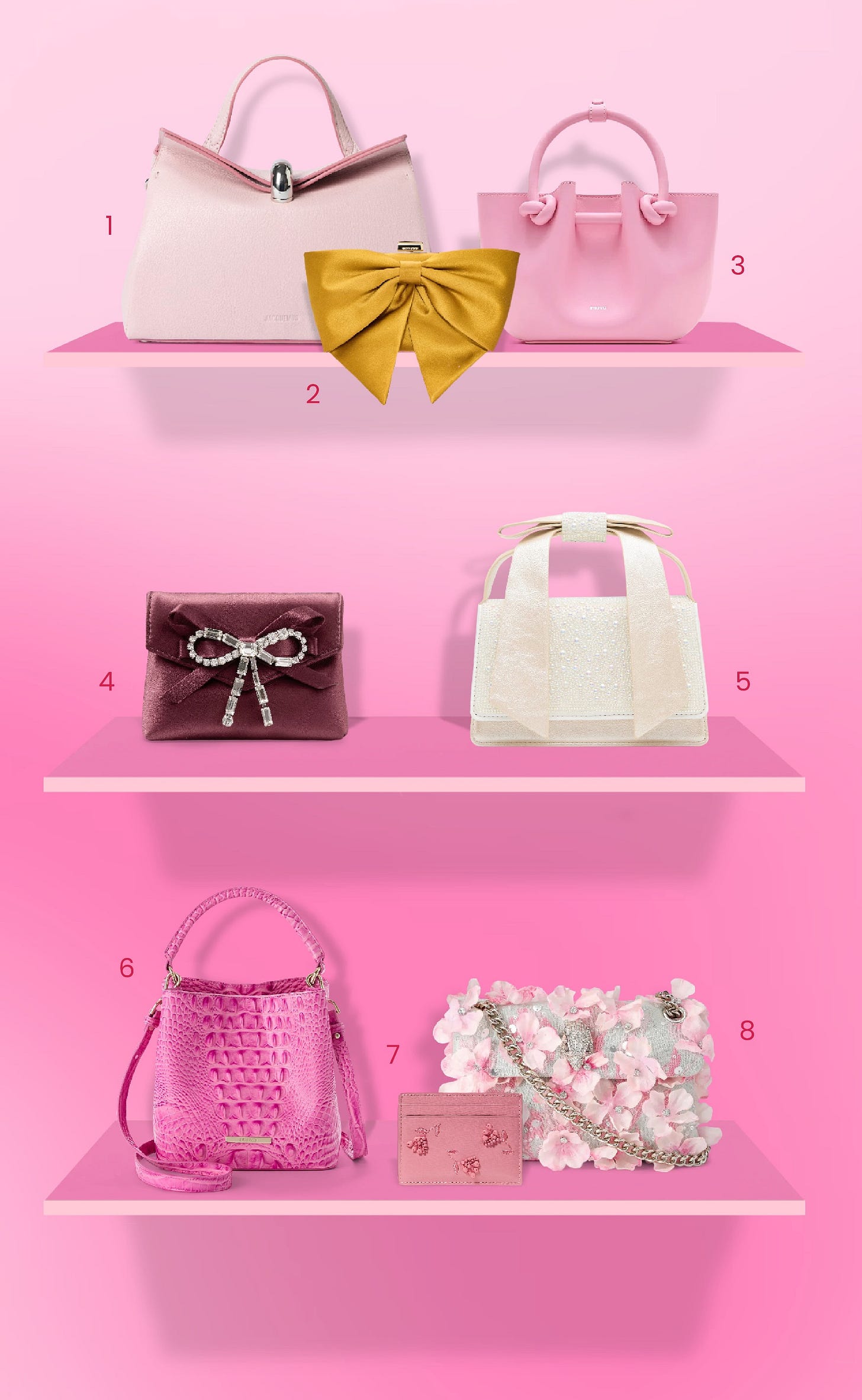 A selection of pink handbags. 