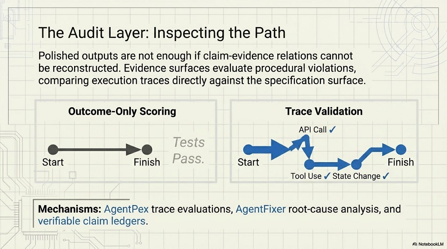 Trace validation turns execution history into evidence against the governing surface