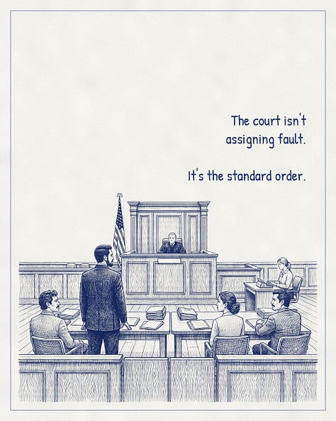 Blue-ink illustrated conversation. A father stands before a judge in a Texas custody hearing.