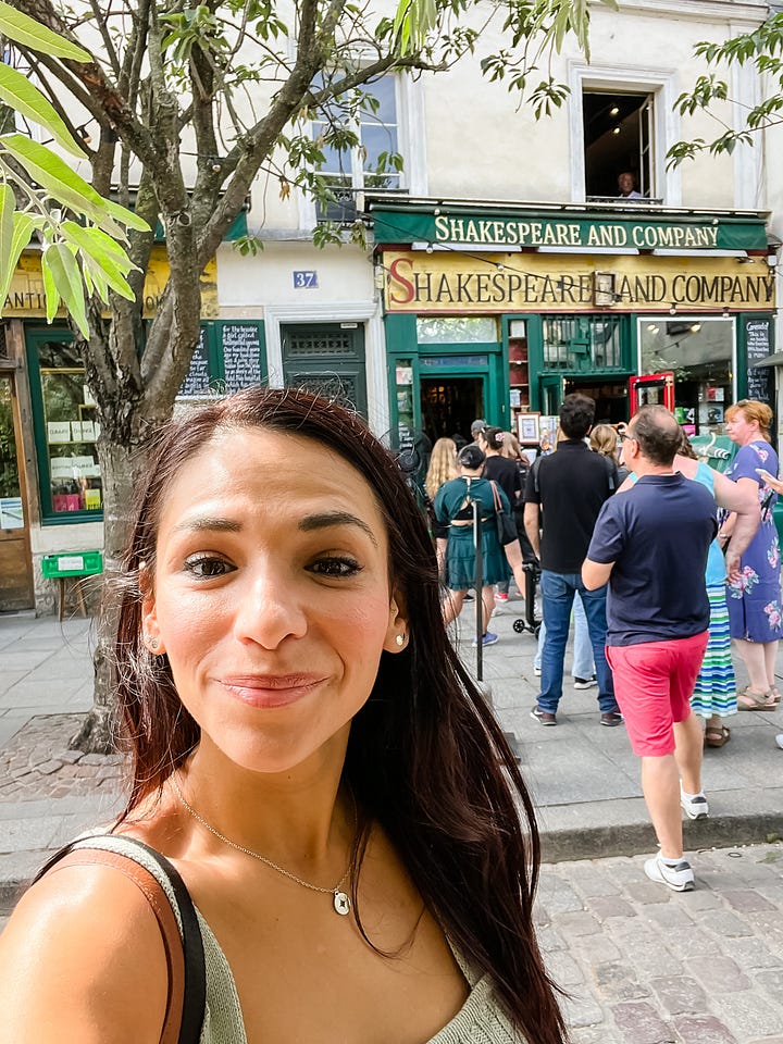 Counter-clockwise from top left: woman sitting at a chair reading aloud from a laptop; selfie photo of woman with Shakespeare and Company bookstore in background; selfie photo of woman with the river Seine and row of Hausmann-style Parisian buildings; selfie of woman with building number 59 behind her in Paris.