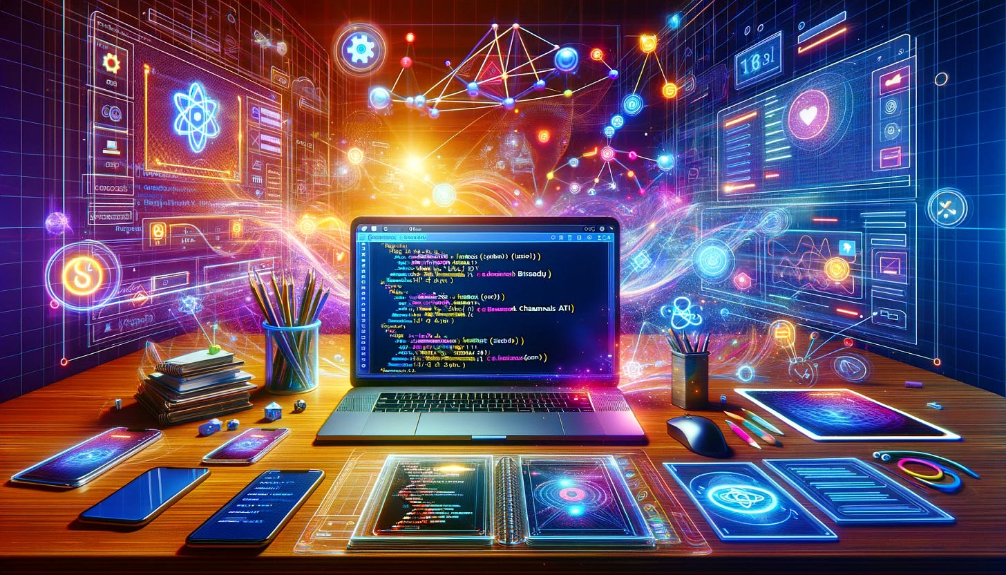 A vibrant, modern scene featuring a web developer's workspace. The laptop screen displays code related to React and the Broadcast Channels API. Around the workspace, there are visual elements representing browsing contexts, such as browser windows and tabs, interconnected by bright lines symbolizing communication channels. The background should include abstract, colorful network diagrams to illustrate data flow and communication. The overall atmosphere should be tech-savvy and dynamic, emphasizing advanced web development and seamless communication.