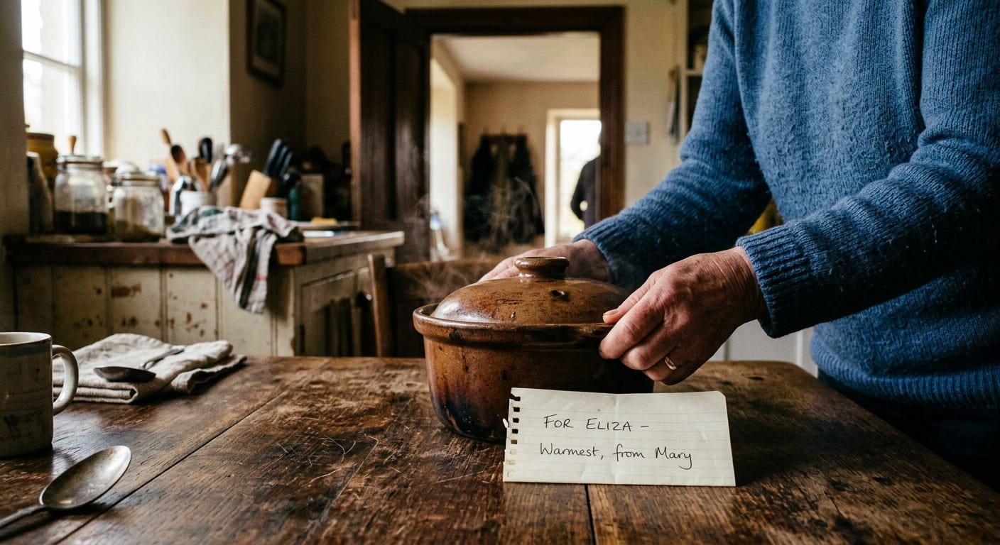 A close-up photograph of a pair of hands placing a warm, steaming ceramic casserole dish on a rustic wooden table next to a simple handwritten note in a soft-lit kitchen. A close-up photograph of a pair of hands placing a warm, steaming ceramic casserole dish on a rustic wooden table next to a simple handwritten note in a soft-lit kitchen.