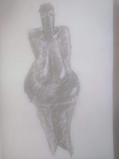 Pencil sketches of various figurines (Venus, animals), patterns, and animal teeth from Archeopark Pavlov