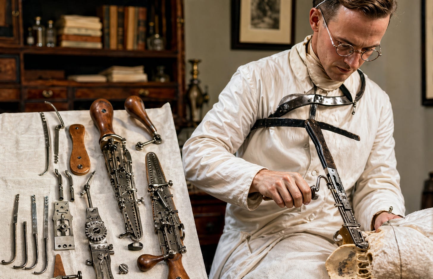 A restored, color-enhanced historical scene showing early surgical instruments, including a hand-cranked chainsaw device, alongside a doctor demonstrating its use, illustrating the intense and rudimentary nature of early medical procedures. Enhanced by AI for clarity and detail.
