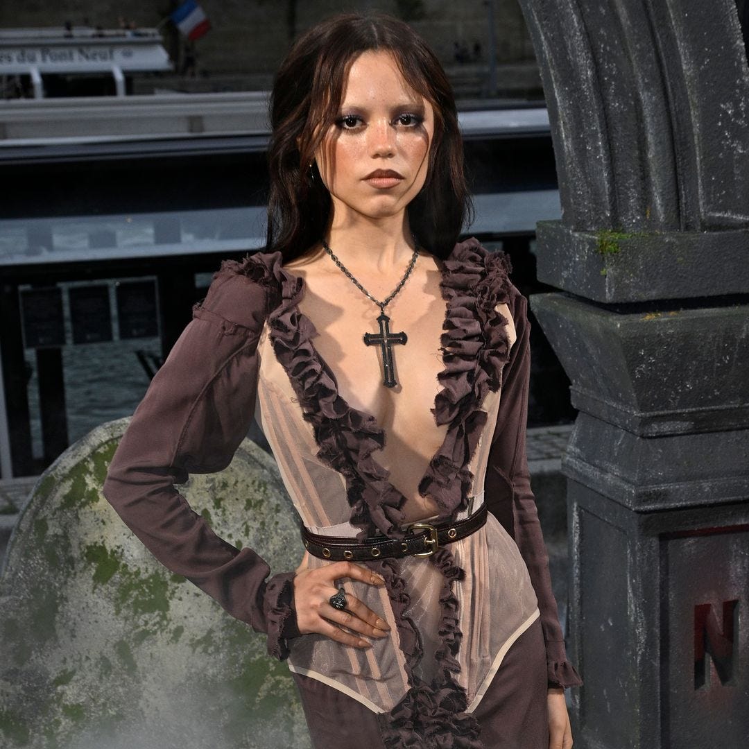 Jenna Ortega attends Le Beach Club de Mercredi (Wednesday's Beach Club) opening on July 31, 2025 in Paris, France.