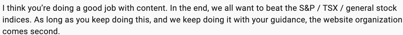 Beating The Tide subscriber survey feedback praising investing content quality and saying beating the S&P 500 and TSX matters more than website organization, highlighting focus on stock market outperformance