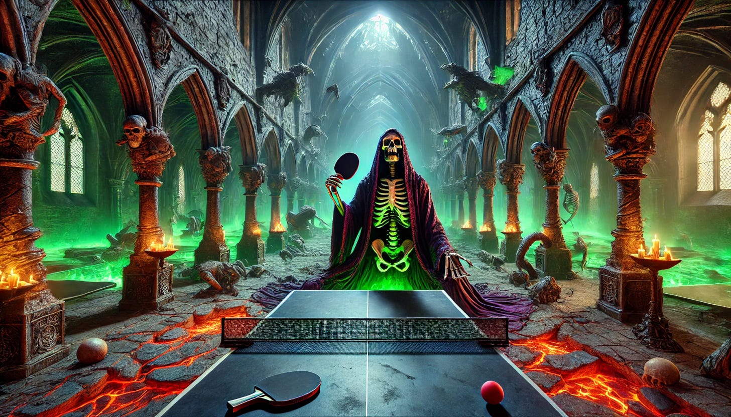 A realistic photo in a super-wide shot, captured with a wide-angle lens style. The scene shows the massive, evil, and empty lair of Lord Bonegrim, a skeletal warlock. The lair is ominous, with gothic stone architecture, glowing green torches, eerie statues of ancient beasts, and glowing cracks in the floor that reveal flowing lava. The vast space feels abandoned and silent. In the distant background, Lord Bonegrim, a tall skeletal figure in tattered purple and black robes with a cracked skull mask, stands with his head slumped in defeat next to a table tennis table. He is clearly holding a table tennis paddle in one skeletal hand, the red rubber side visible, adding a touch of irony and emotion to the dark, fearsome setting.
