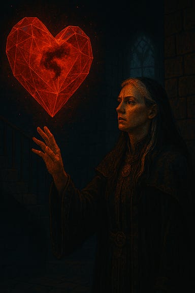 Create a safe, atmospheric fantasy image of Clarion standing on the tower landing of Castle Ravenloft, reaching toward the massive carved-crystal Heart of Sorrow without touching it. Clarion is tall and statuesque, with long black hair and a single white streak, wearing deep midnight-blue and silver priestess armor with flowing robes. Her pale, storm-gray eyes are fixed on the swirling darkness inside the glowing red crystal heart. Her hand is outstretched, fingers trembling, stopping just short of the crystal surface. The tower around her is lit by lightning through narrow windows, with spiral stairs and rusted halberds framing the scene. The atmosphere is tense, magical, and reverent—no gore or violence, only arcane energy and dramatic lighting.
