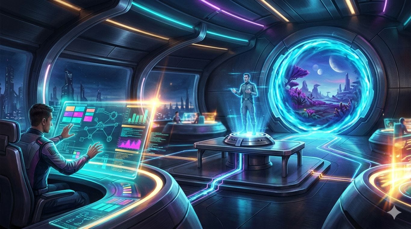A vibrant, cinematic conceptual illustration in landscape format, blending generic science fiction communication concepts into one cohesive, futuristic command center. On the left, a person interacts with a sleek, glowing, flat-panel digital interface with colorful data blocks. In the center, a 3D glowing blue hologram of a colleague is projected upward from a small, metallic circular device on a table. In the background, a massive, glowing circular energy portal stands open, establishing a visual link to a vibrant alien landscape. The color palette features deep space blues, neon cyan, and bright energetic flares. A vibrant, cinematic conceptual illustration in landscape format, blending generic science fiction communication concepts into one cohesive, futuristic command center. On the left, a person interacts with a sleek, glowing, flat-panel digital interface with colorful data blocks. In the center, a 3D glowing blue hologram of a colleague is projected upward from a small, metallic circular device on a table. In the background, a massive, glowing circular energy portal stands open, establishing a visual link to a vibrant alien landscape. The color palette features deep space blues, neon cyan, and bright energetic flares.