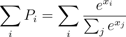 \sum_{i} P_i = \sum_{i} \frac{e^{x_i}}{\sum_{j} e^{x_j}}